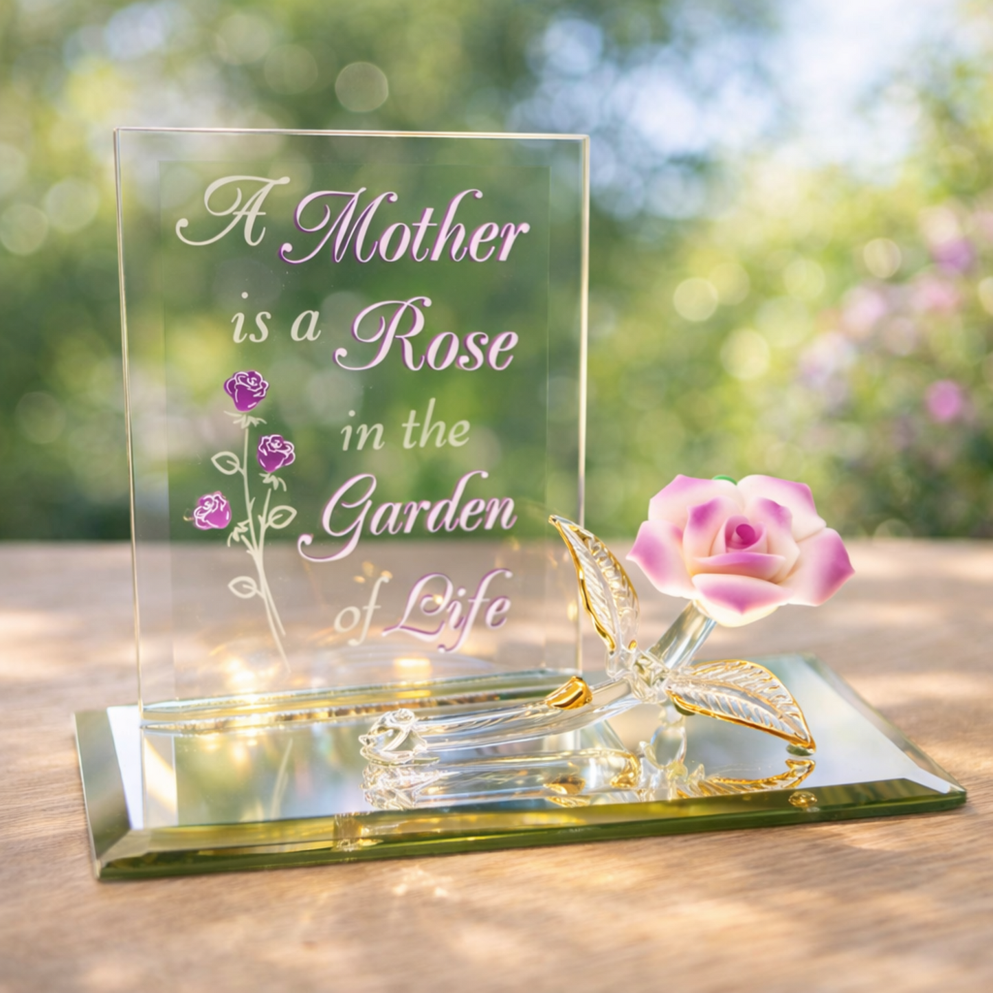 Mother Rose Figurine Glass Gift for Mom Pink Porcelain Flower Decor Mothers Day Gift