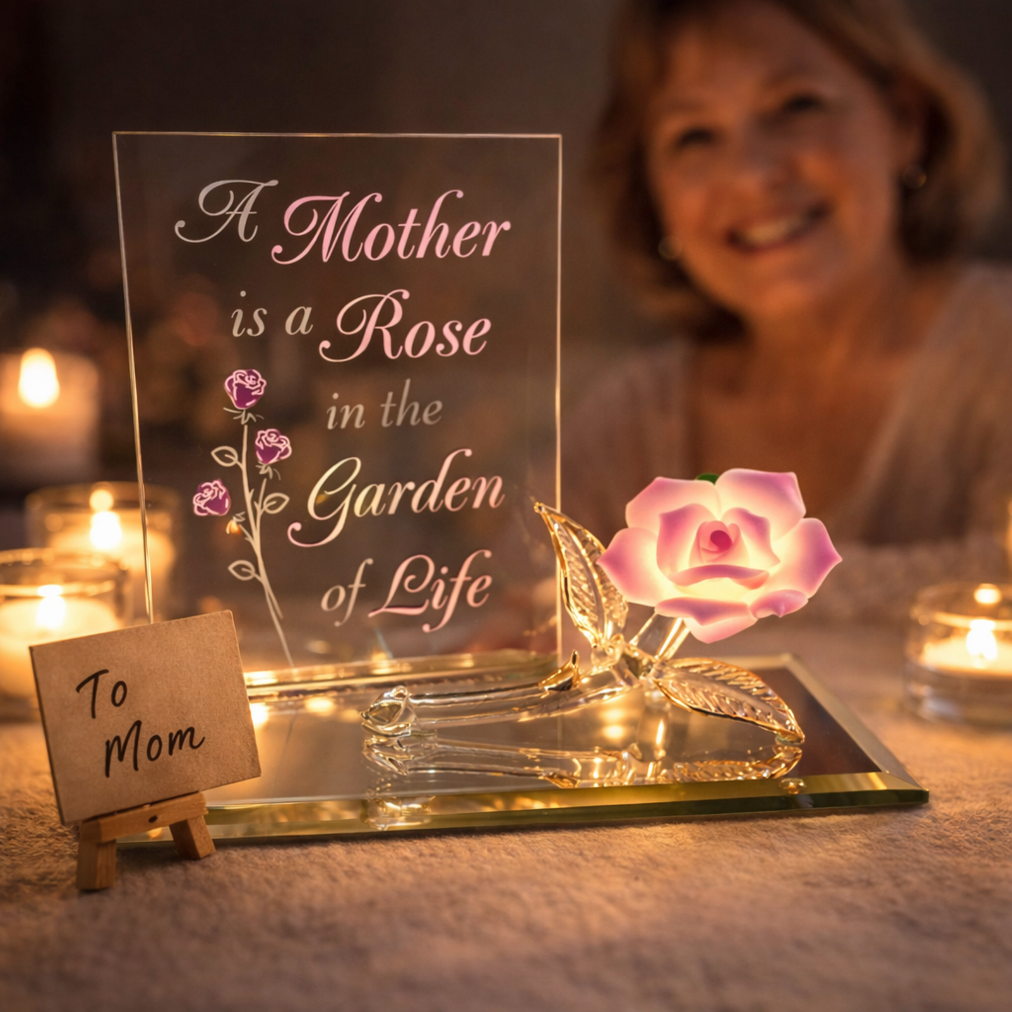 Mother Rose Figurine Glass Gift for Mom Pink Porcelain Flower Decor Mothers Day Gift