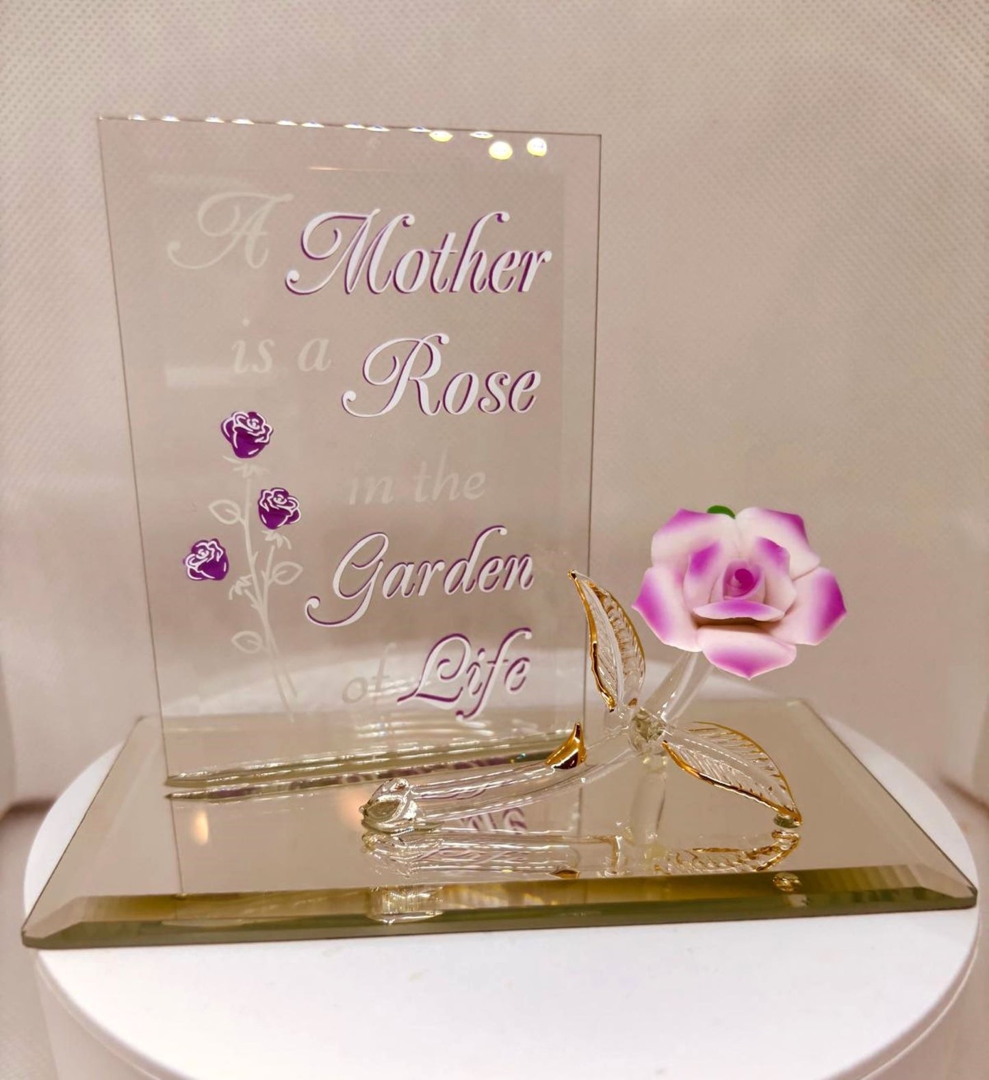 Mother Rose Figurine Glass Gift for Mom Pink Porcelain Flower Decor Mothers Day Gift