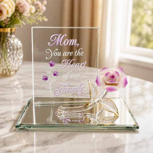 Handcrafted pink porcelain rose figurine on beveled glass mirror with decorative plaque reading Mom You are the Heart of our Family