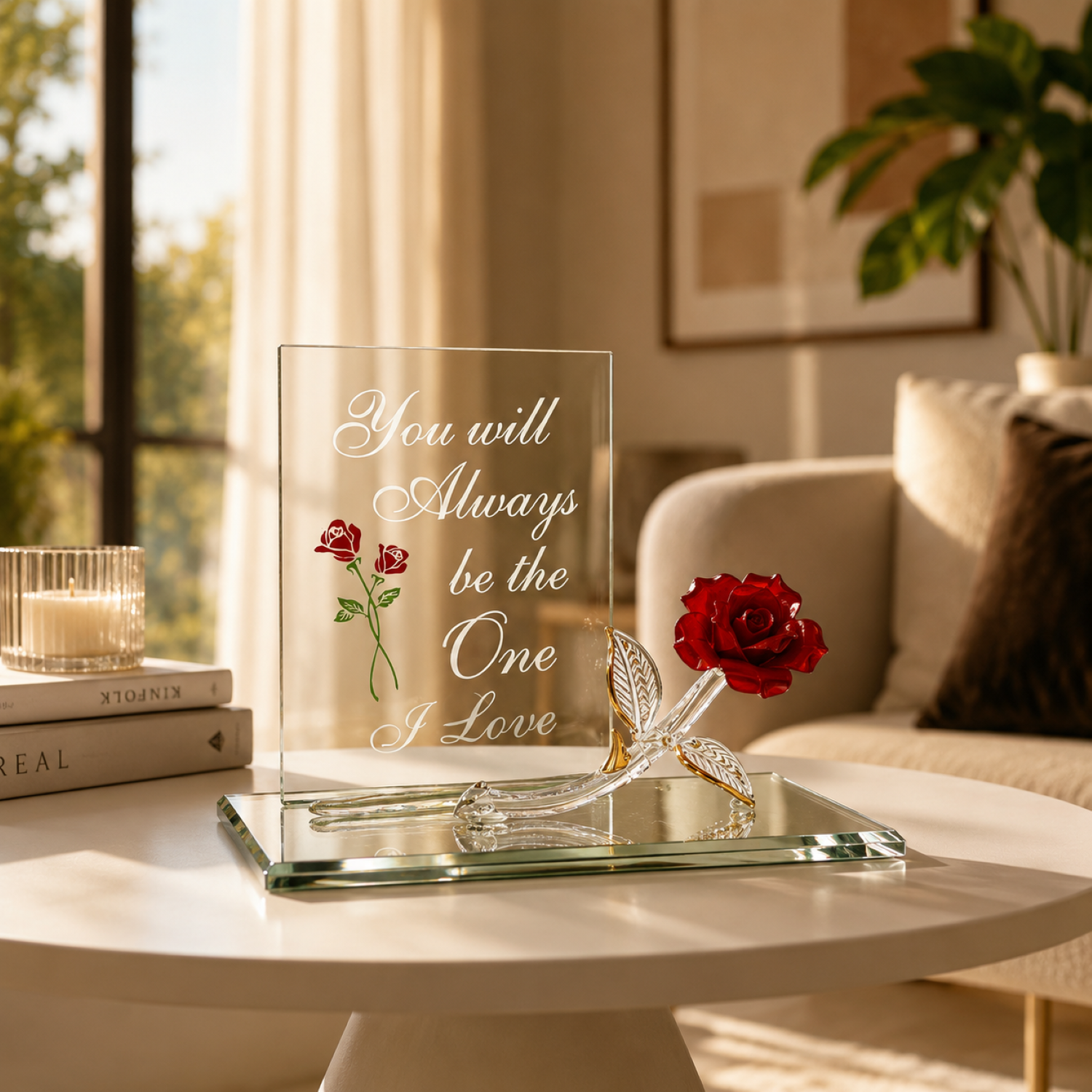 Handcrafted glass red rose with Real 22Kt Gold accents displayed on a mirrored base beside a clear sentiment plaque reading "You will always be the one I love."