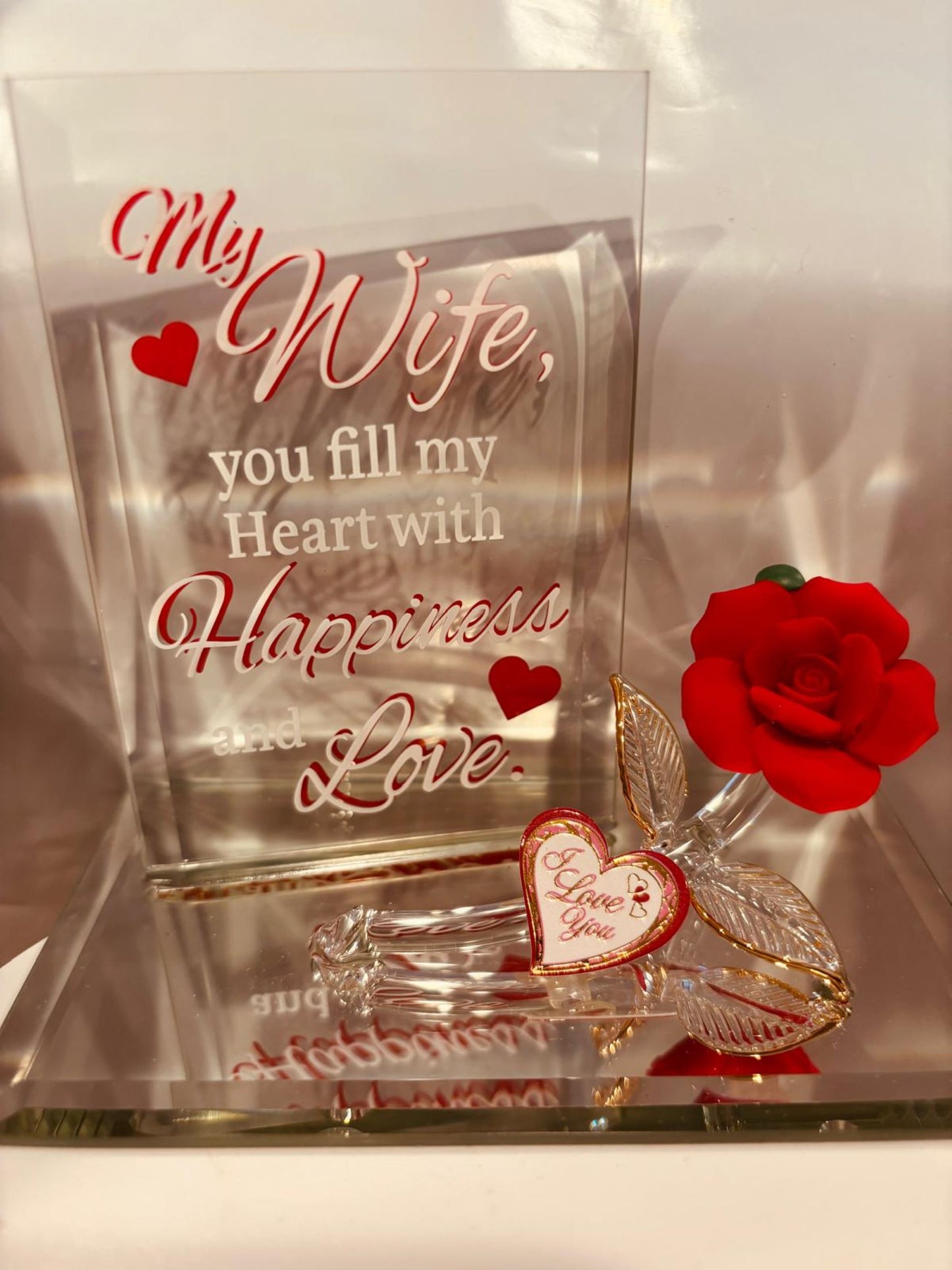 My Wife Happiness and Love Glass Rose Figurine with Crystals and Heart Tag