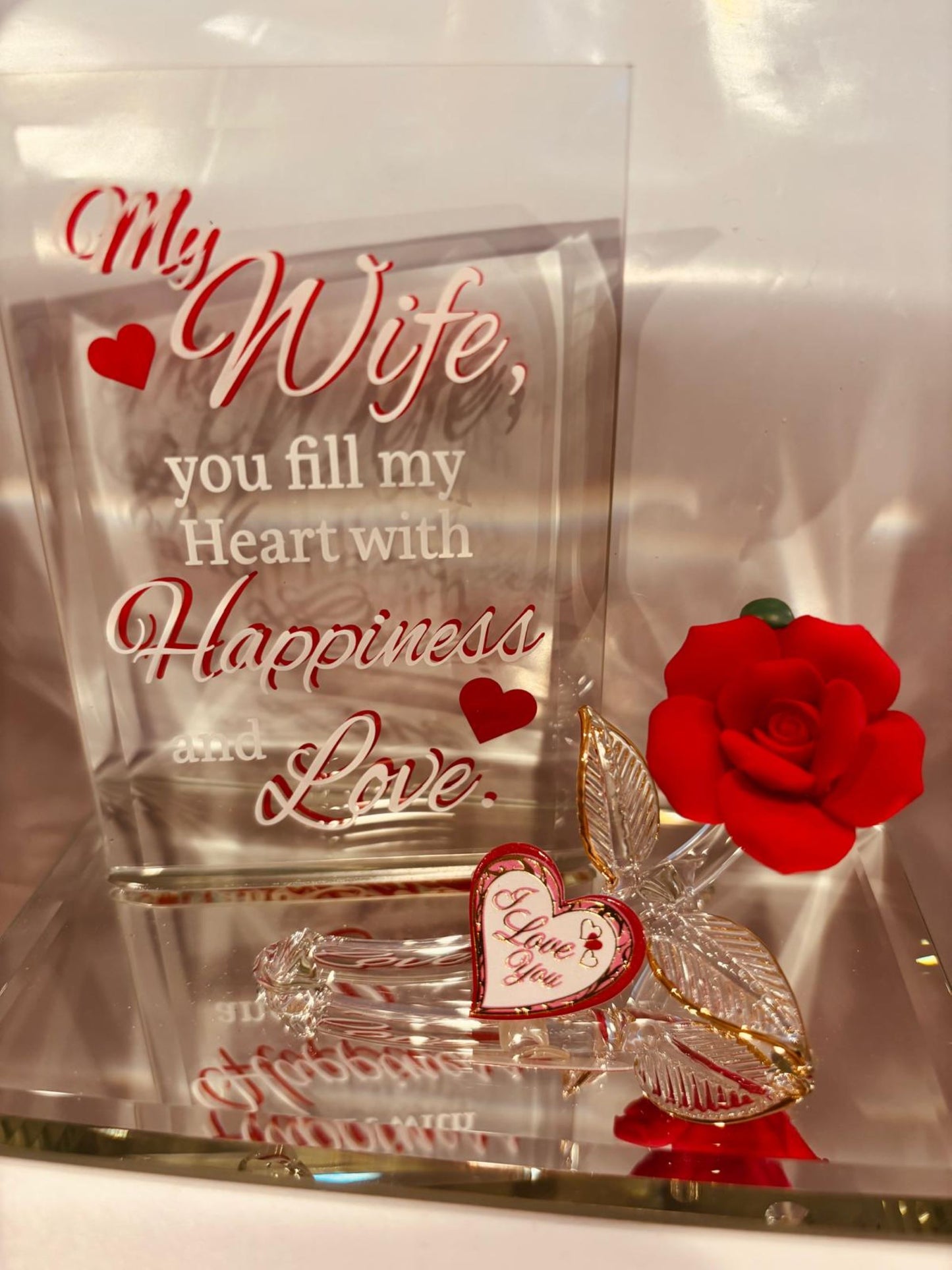 My Wife Happiness and Love Glass Rose Figurine with Crystals and Heart Tag