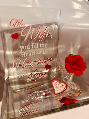 My Wife Happiness and Love Glass Rose Figurine with Crystals and Heart Tag