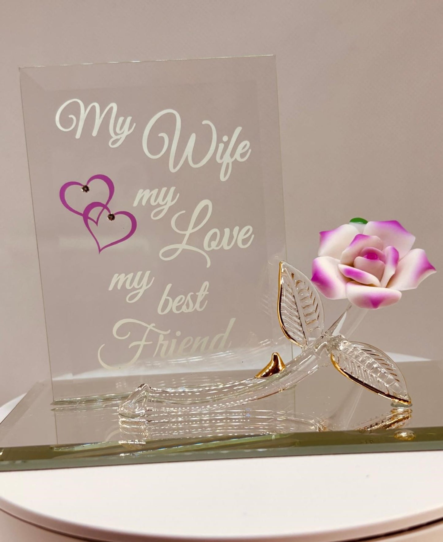 My Wife My Best Friend Pink Rose Figurine | Handcrafted Glass Gift