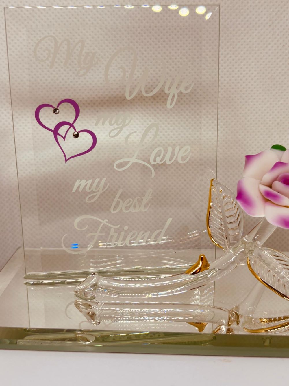 My Wife My Best Friend Pink Rose Figurine | Handcrafted Glass Gift