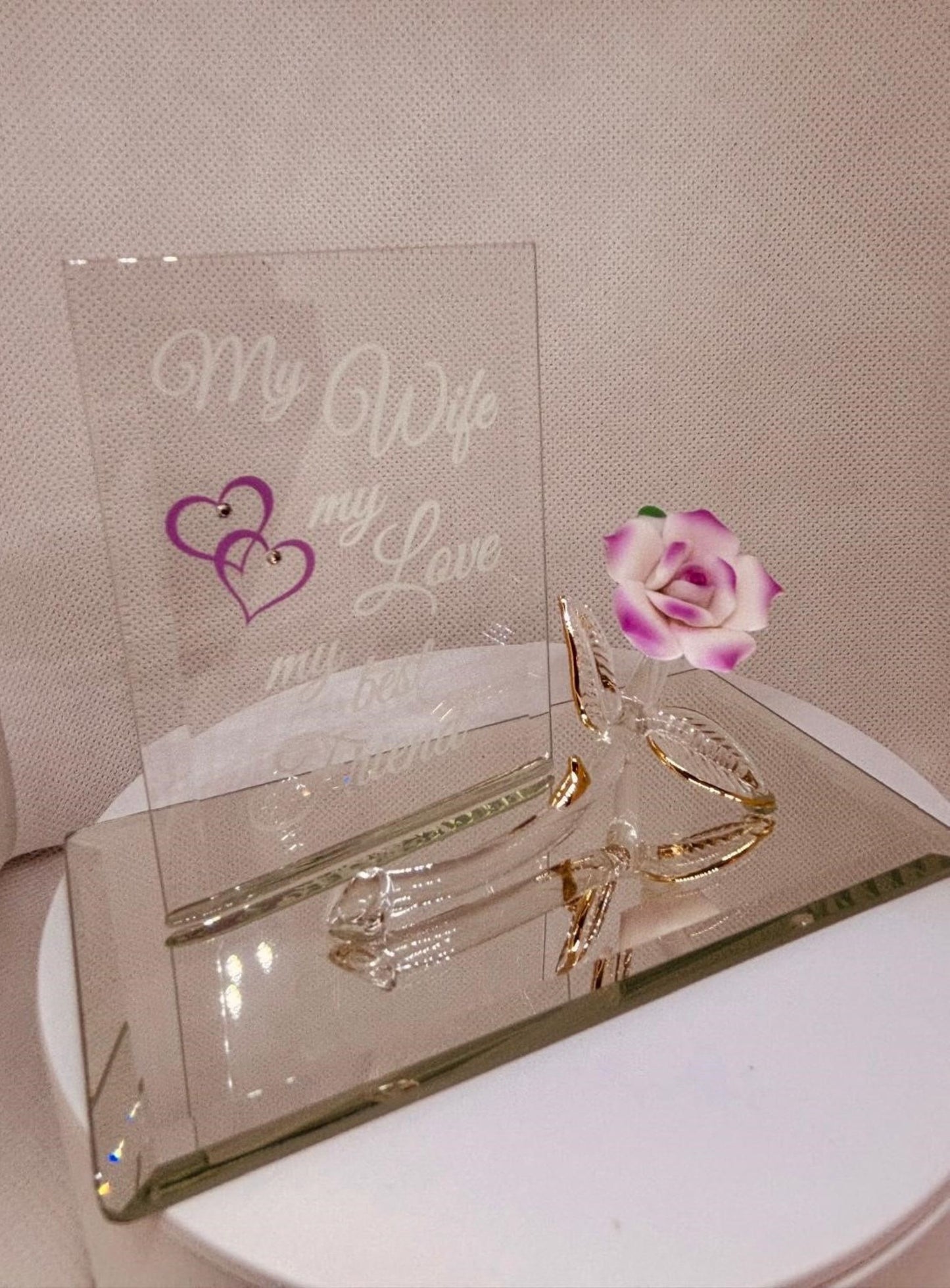 My Wife My Best Friend Pink Rose Figurine | Handcrafted Glass Gift