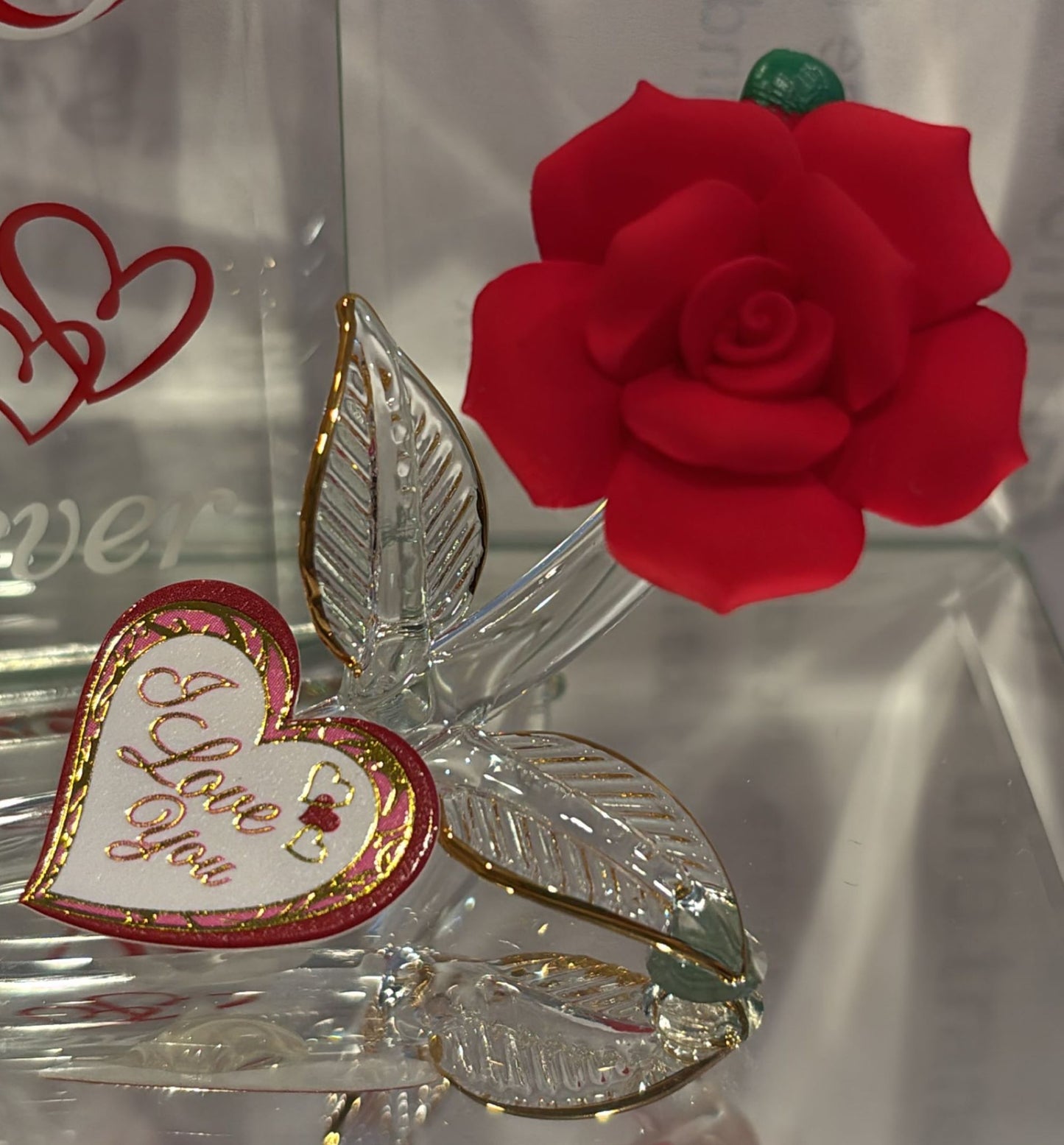 You & Me Together Forever Rose Figurine Handcrafted Glass with Crystals & Gold