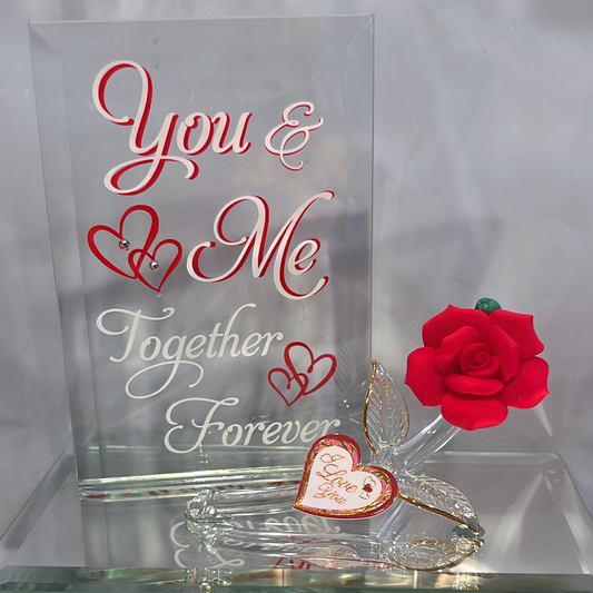 You & Me Together Forever Rose Figurine Handcrafted Glass with Crystals & Gold
