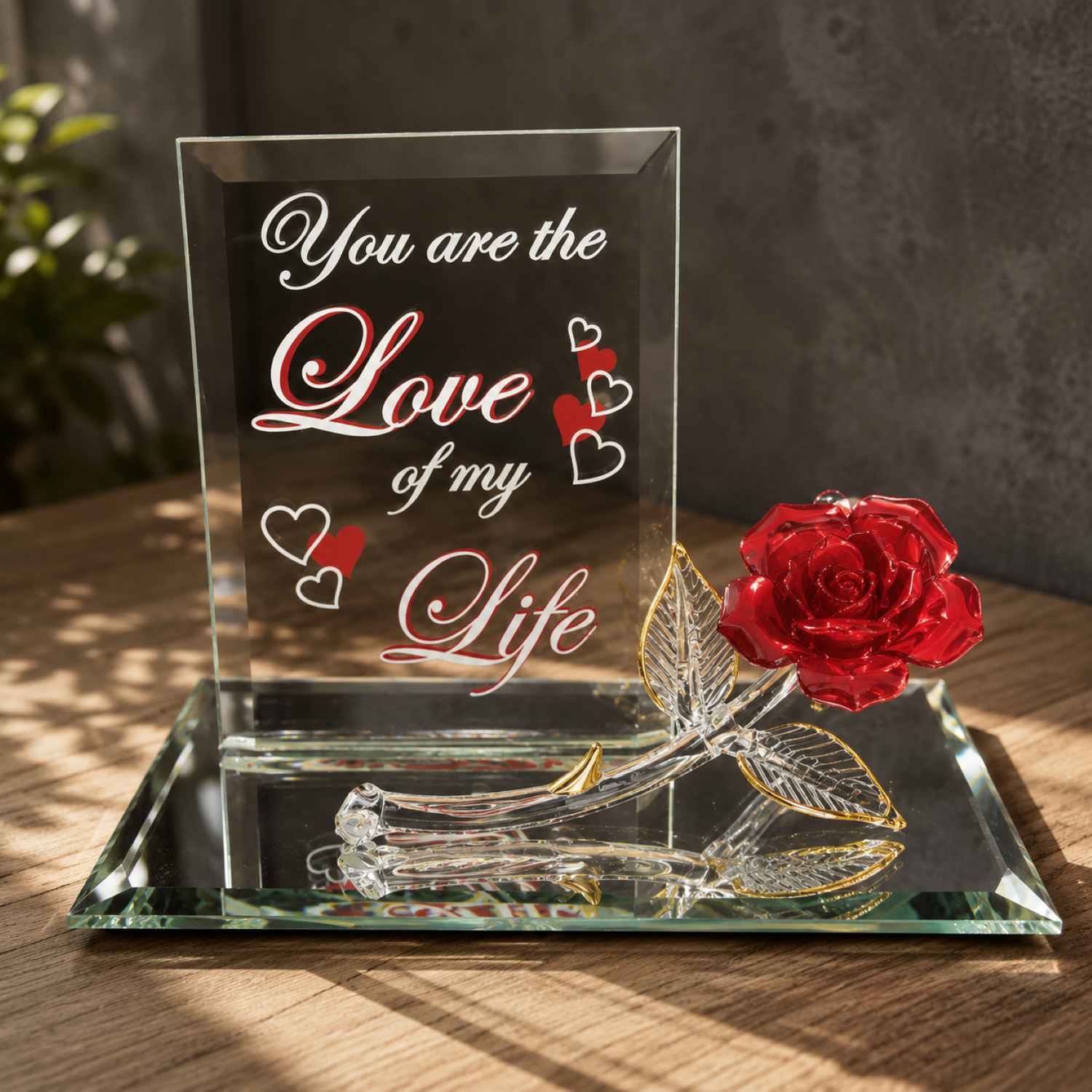 Handcrafted glass red rose figurine with a "You are the Love of My Life" plaque on a beveled mirror base with Real 22Kt Gold accents.