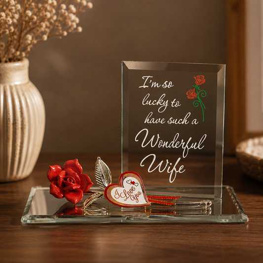 Handcrafted red rose glass figurine with wife sentiment and decorative mirror display base.