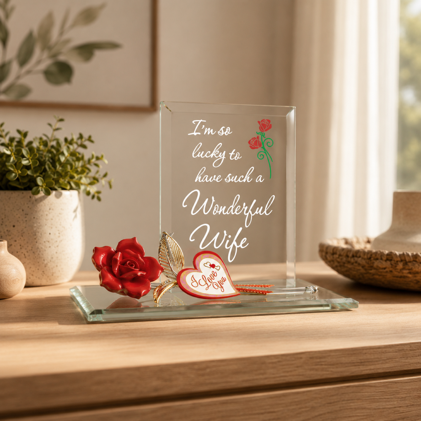 Wife Rose Glass Figurine Gift | Romantic Wife Anniversary Love Decor Gift