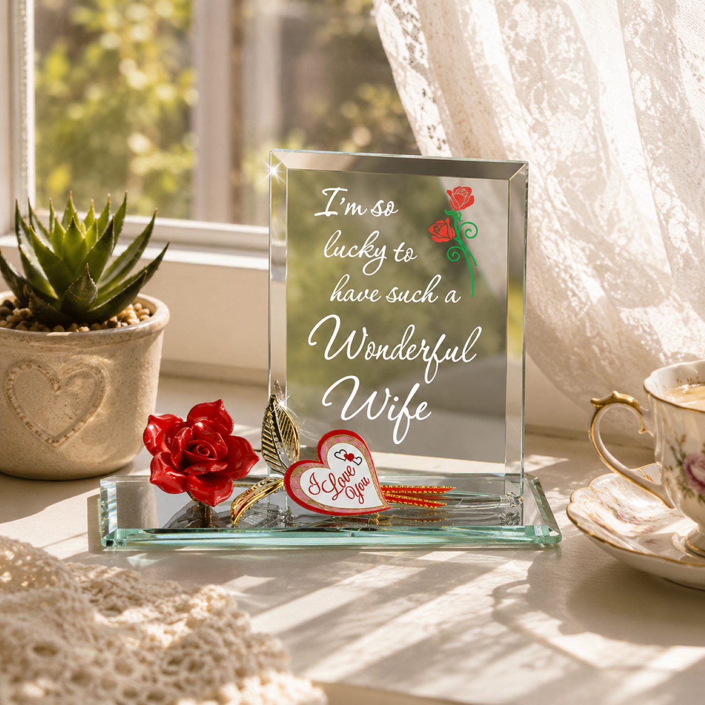 Wife Rose Glass Figurine Gift | Romantic Wife Anniversary Love Decor Gift
