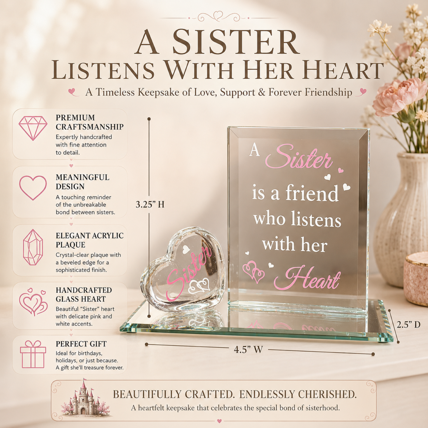 Sister Heart Glass Figurine Gift | Sister Friendship Keepsake Decor