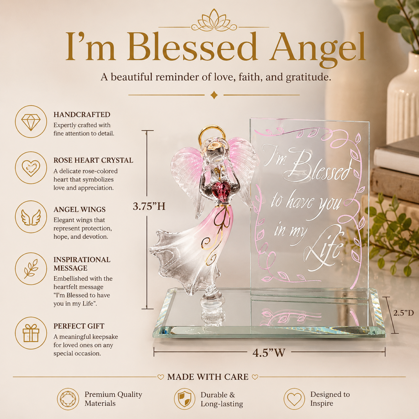 I’m Blessed Angel Figurine | Glass Faith Gift with Heart Crystal Inspirational Home Decor