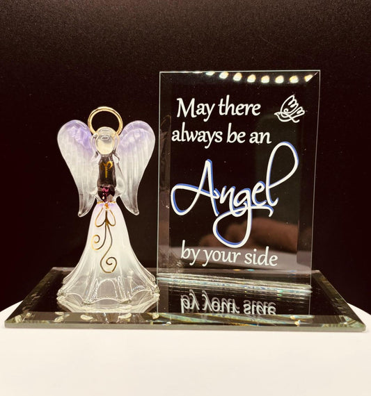 Handcrafted glass angel figurine holding purple crystal heart with Angel By Your Side message on mirror base