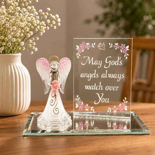 Glass angel décor with gold accents and inspirational quote