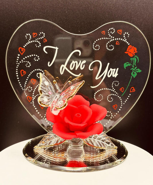 Handcrafted glass red rose with butterfly figurine featuring I Love You message on mirror base