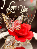 Red Rose with Butterfly Figurine | Glass “I Love You” Romance Gift