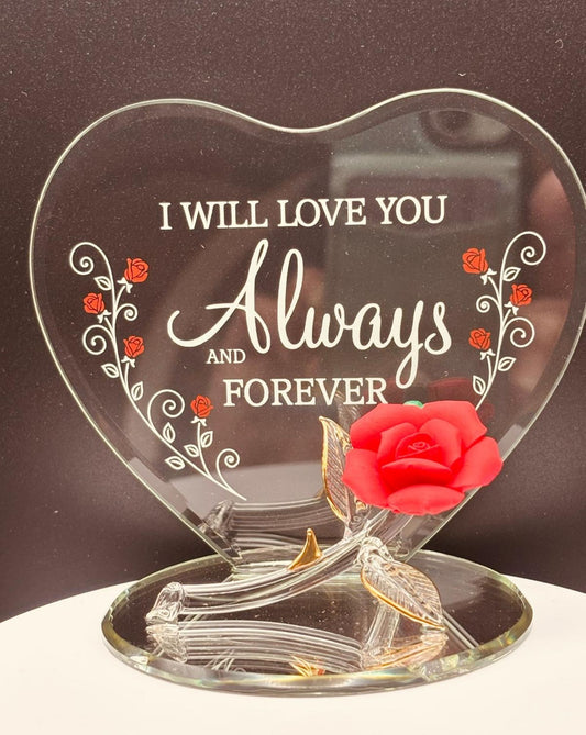 Handcrafted glass rose figurine with Always and Forever message on heart back plate mirror base