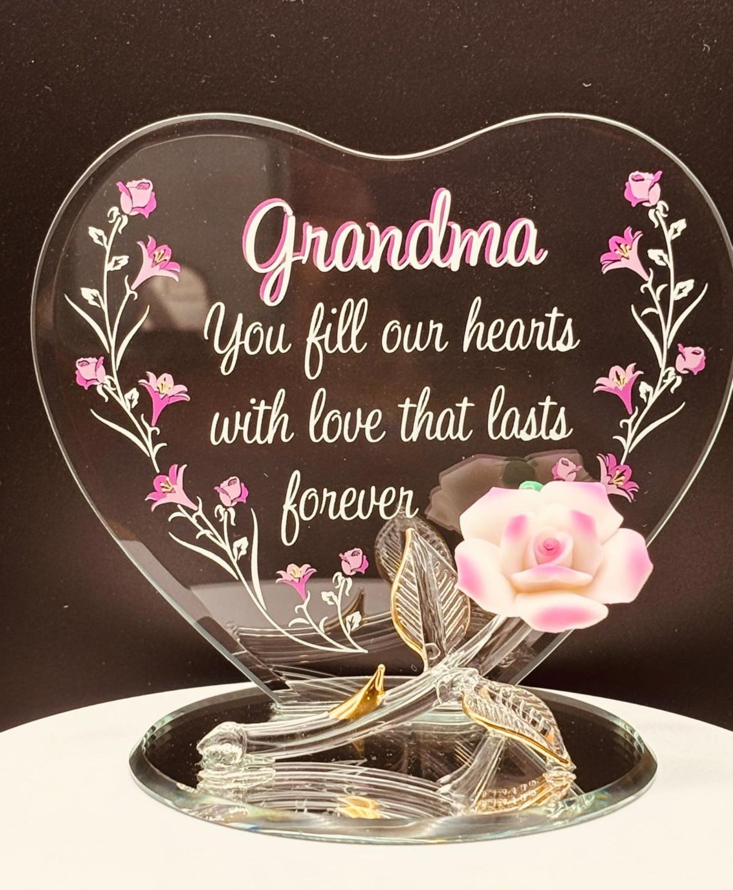 Handcrafted pink rose glass figurine for grandma with heart back plate on mirror base