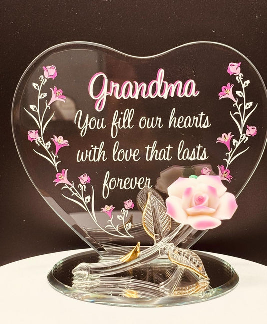 Handcrafted pink rose glass figurine for grandma with heart back plate on mirror base