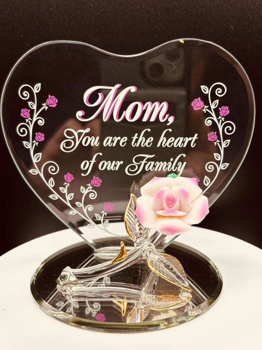 Handcrafted pink rose figurine for mom with heart back plate on glass mirror base
