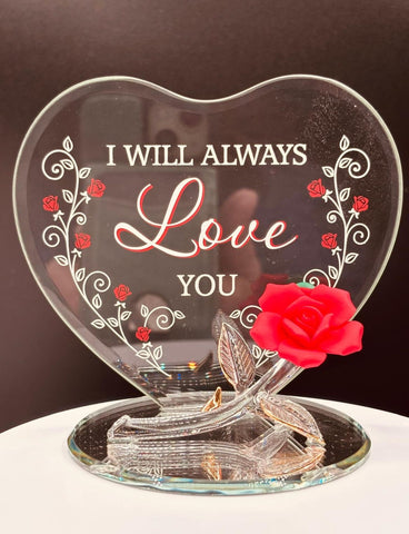 Red rose glass figurine with I will always love you heart back plate