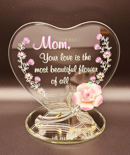 Handcrafted pink rose glass figurine for mom with heart back plate on mirror base