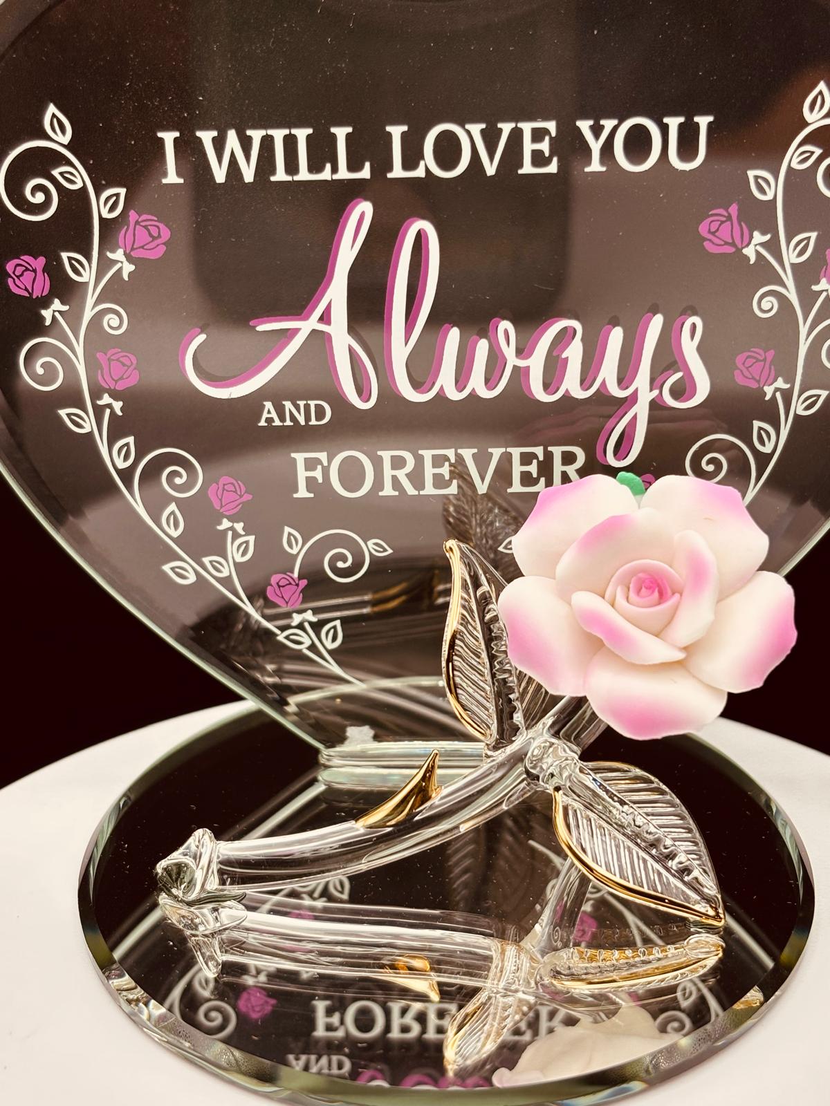 Rose Always & Forever Figurine Handcrafted Glass Gift with Romantic Message