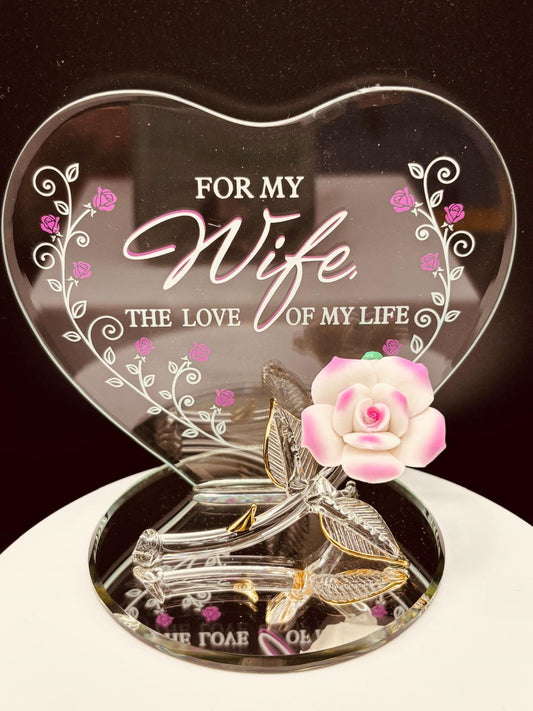 “My Wife” Pink Rose Figurine | Glass Romantic Love Gift Décor