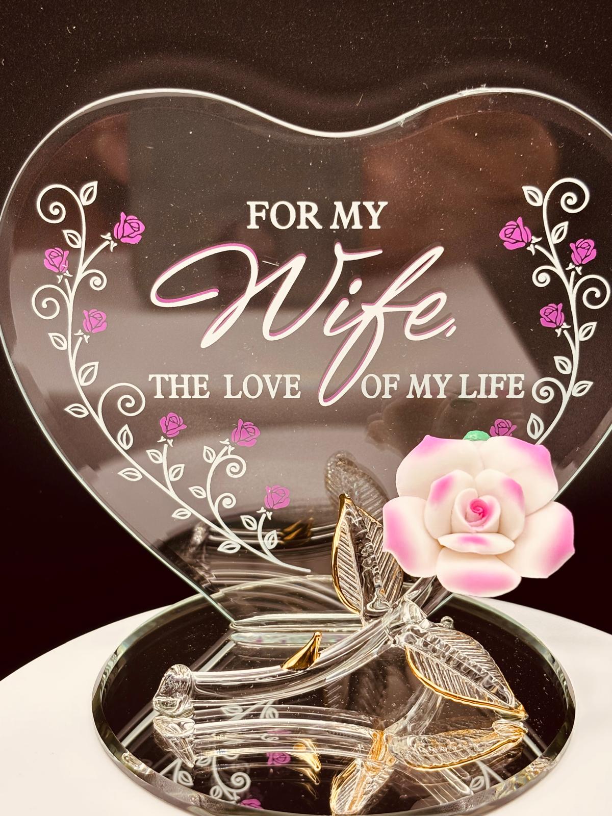 “My Wife” Pink Rose Figurine | Glass Romantic Love Gift Décor