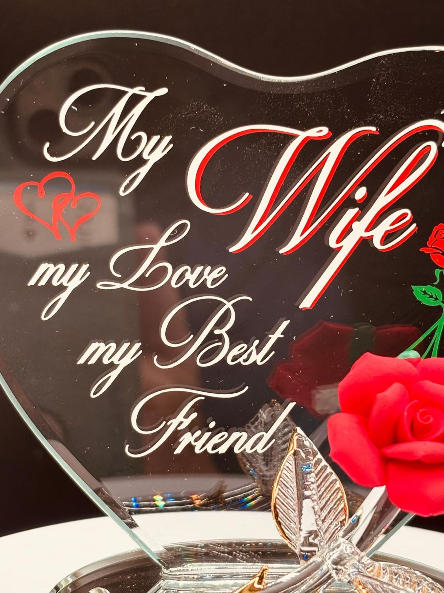 “My Wife My Best Friend” Rose Figurine | Glass Romantic Love Décor