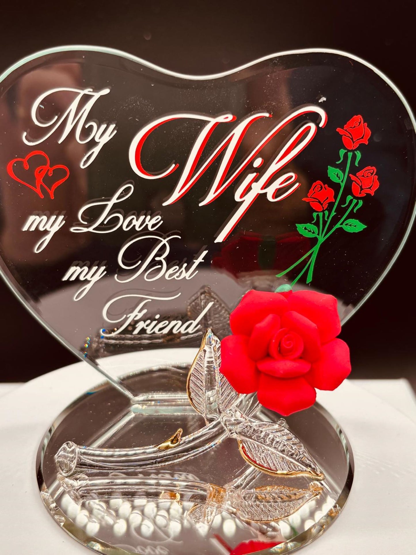“My Wife My Best Friend” Rose Figurine | Glass Romantic Love Décor