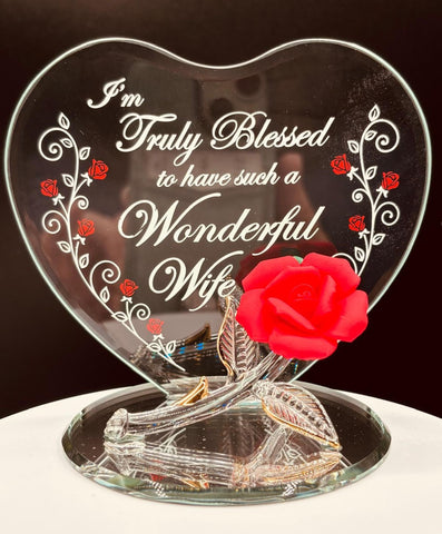 Handcrafted red rose figurine on beveled mirror base