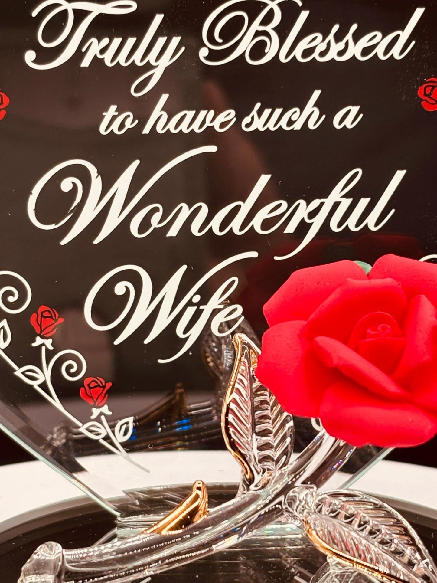 “Truly Blessed” Red Rose Figurine | Wife Appreciation Glass Décor