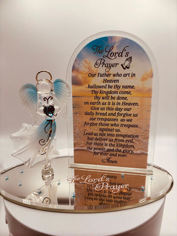 Handcrafted glass angel holding a blue heart crystal on beveled mirror base with full Lord’s Prayer decorative back plate