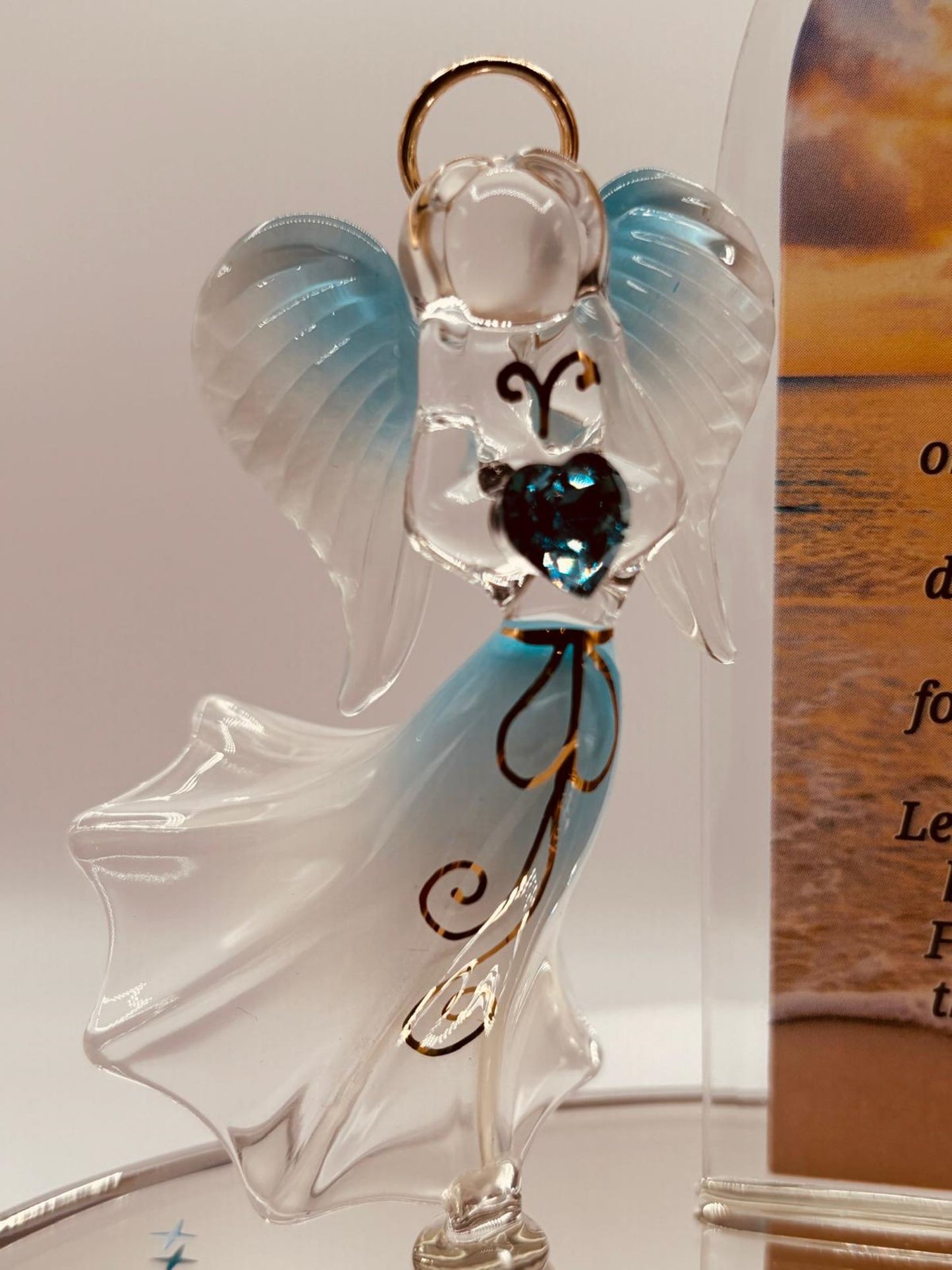 Lord’s Prayer Glass Angel Figurine | Handcrafted Faith Gift with Blue Crystal Heart