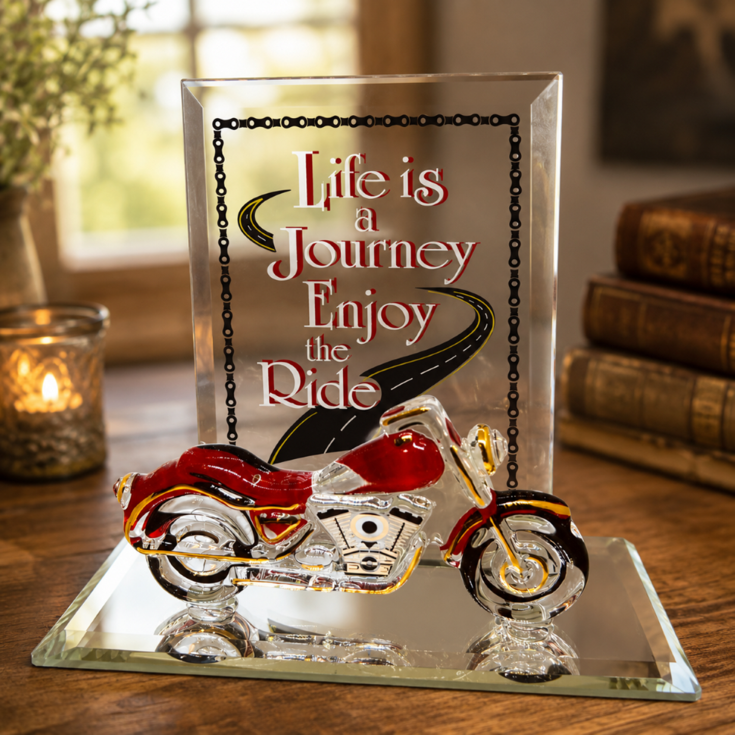 Life Is a Journey Motorcycle Figurine | Handcrafted Glass Motorcycle Gift