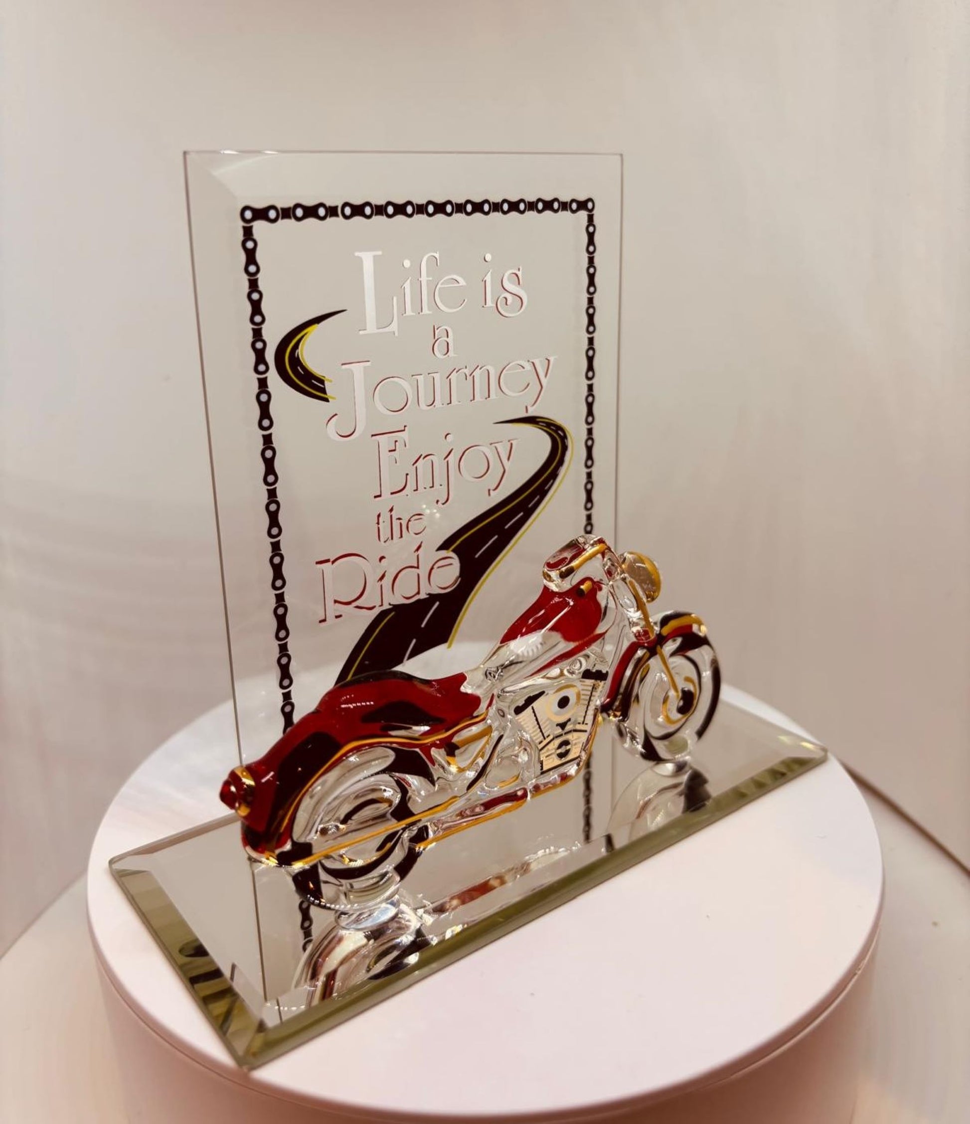 Handcrafted glass motorcycle figurine with crystals, gold accents, and Life Is a Journey message