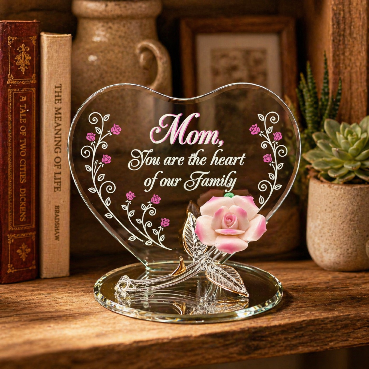Handcrafted pink rose figurine for mom with heart back plate on glass mirror base
