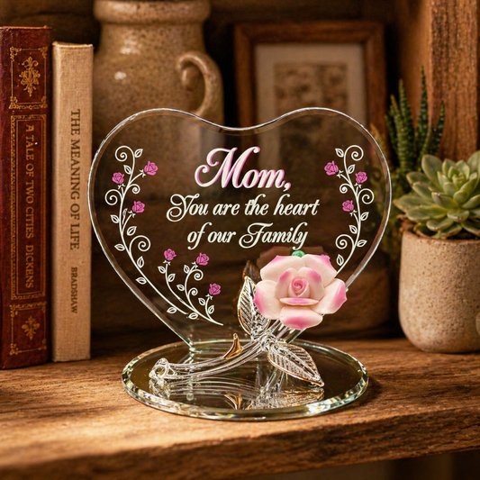 Handcrafted pink rose figurine for mom with heart back plate on glass mirror base