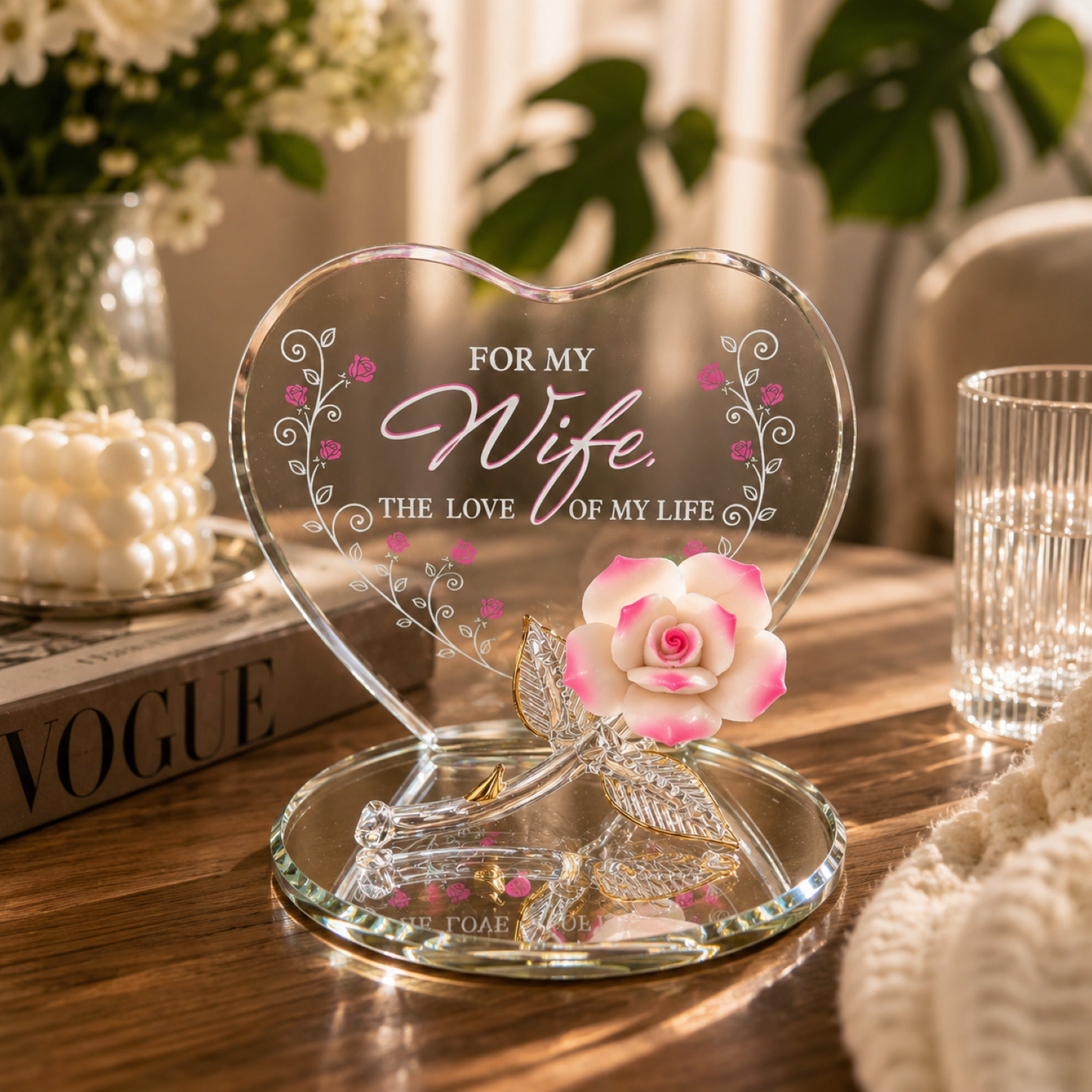 “My Wife” Pink Rose Figurine | Glass Romantic Love Gift Décor