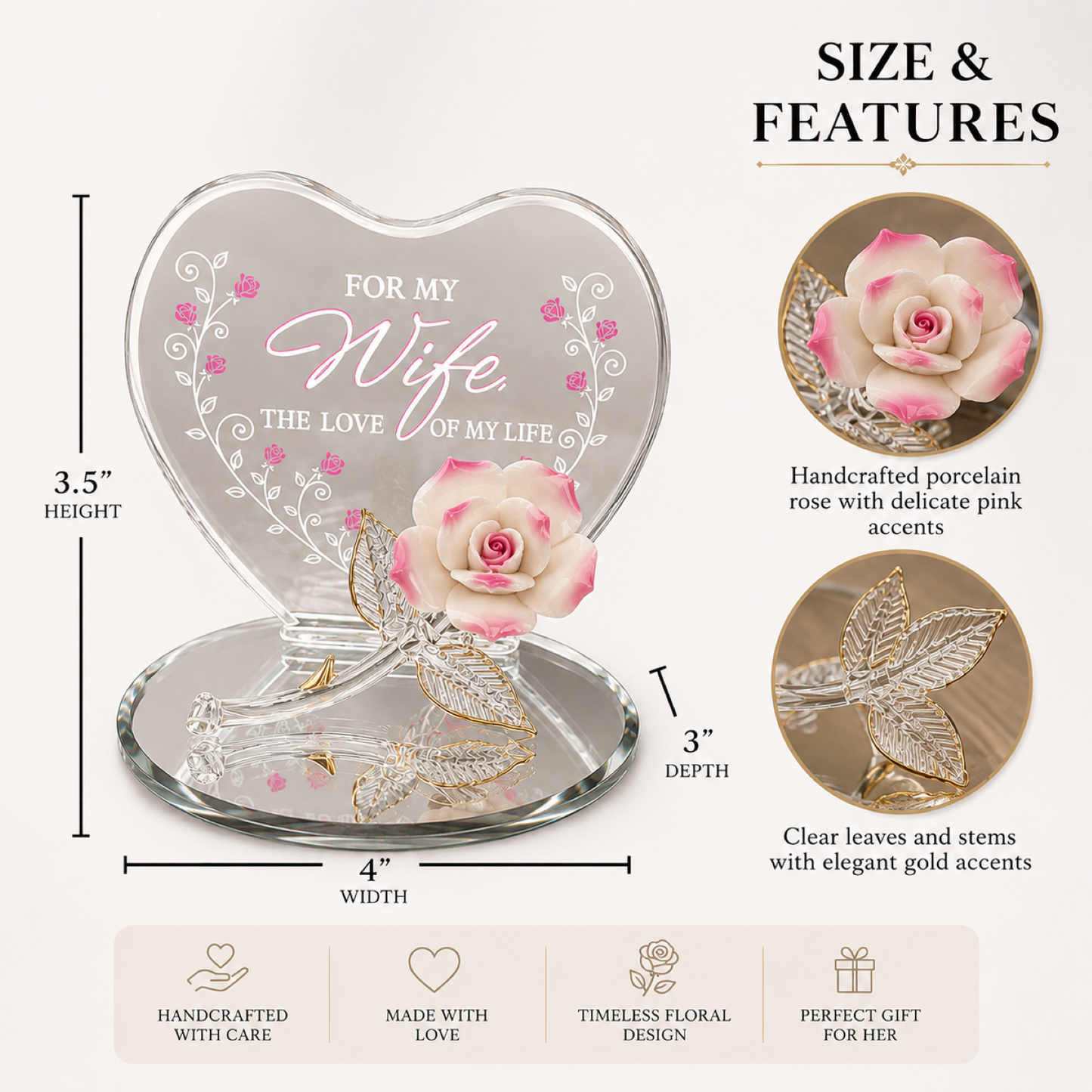 “My Wife” Pink Rose Figurine | Glass Romantic Love Gift Décor