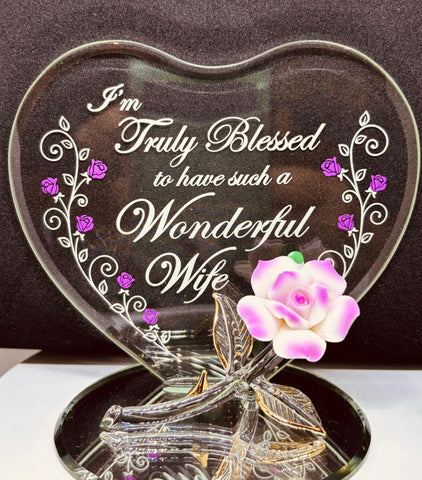 Pink Rose Truly Blessed Wife Figurine | Handcrafted Glass Gift for Wife or Anniversary