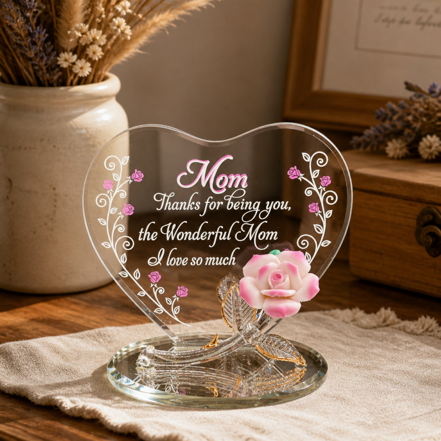 Pink Rose “Wonderful Mom” Figurine | Mom Appreciation Décor | Mother's Day Gift