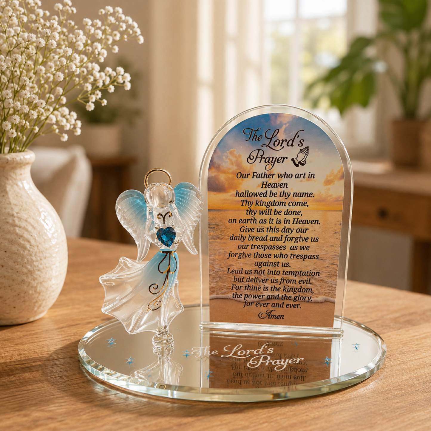 Lord’s Prayer Angel Glass Figurine | Faith Display | Religious Christian Home Decor Gift