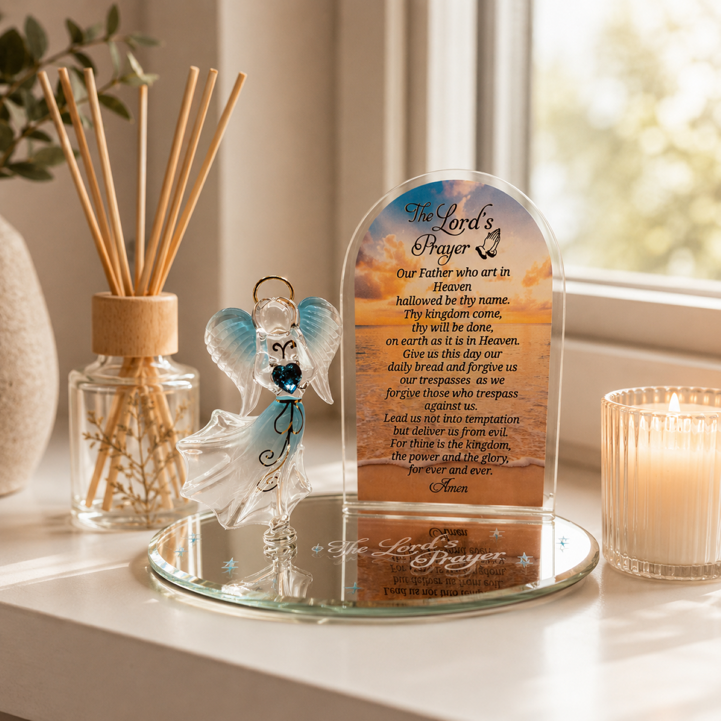 Lord’s Prayer Angel Glass Figurine | Faith Display | Religious Christian Home Decor Gift
