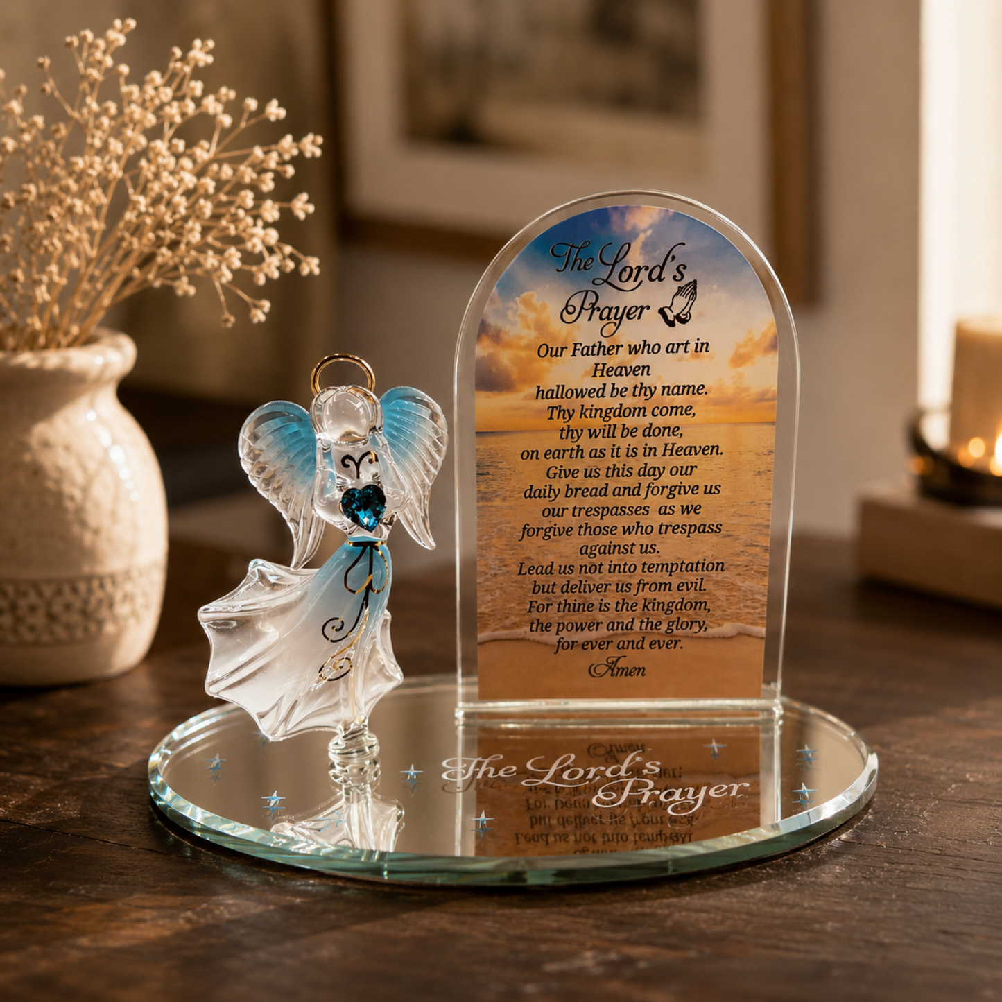Lord’s Prayer Angel Glass Figurine | Faith Display | Religious Christian Home Decor Gift