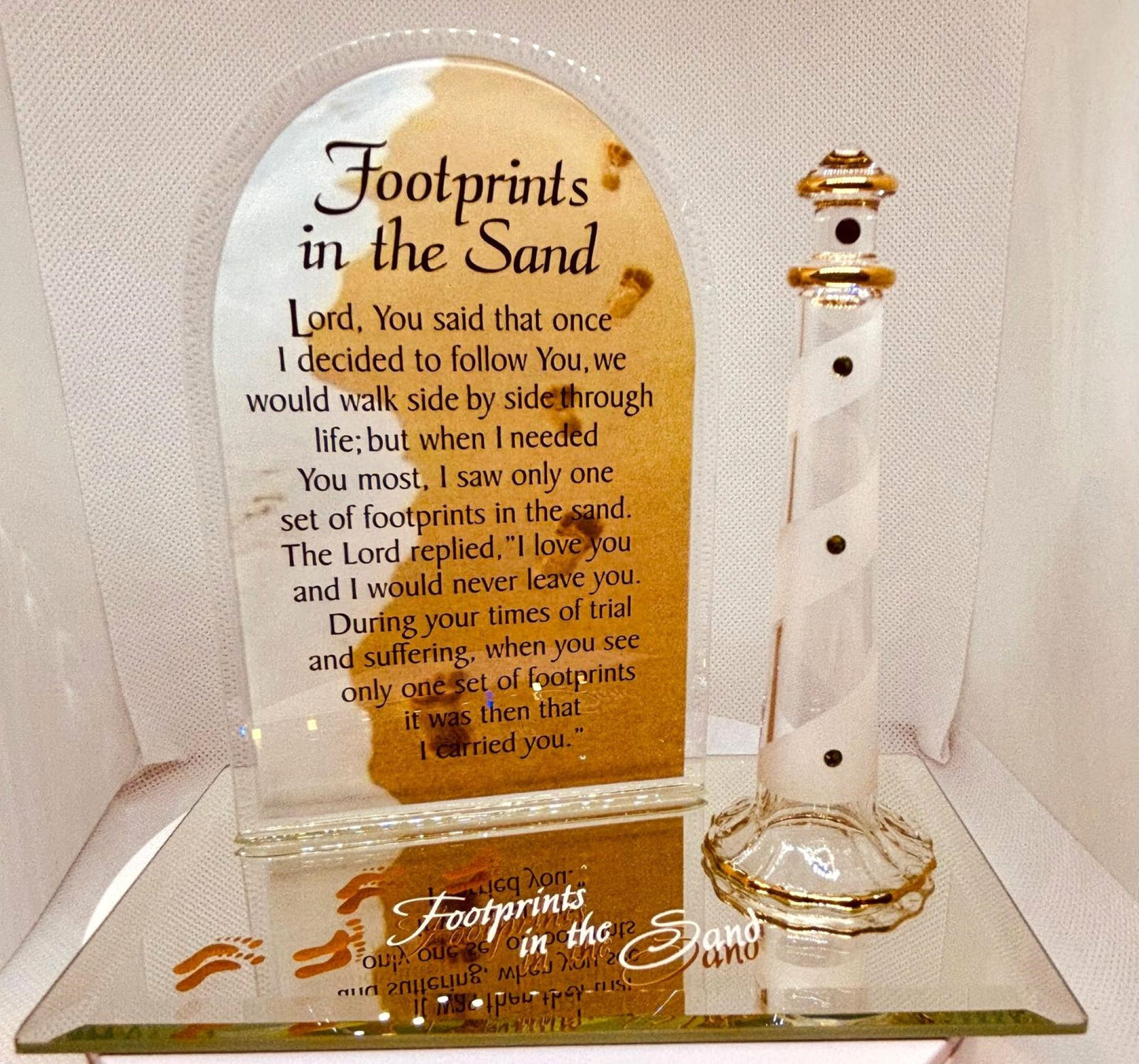Footprints in the Sand Plaque Inspirational Glass Gift with Crystals